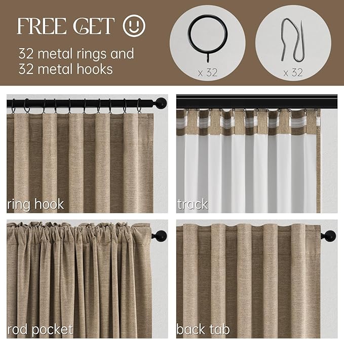 Topfinel Taupe Burlap Linen Blackout Curtains 63 Inches Long 2 Panels for Small Window Boho Farmhouse Linen Blend Texture Insulated Hook Belt Back Tab Pocket Pleated Drapes Fall Home Decor(W52 x L63)