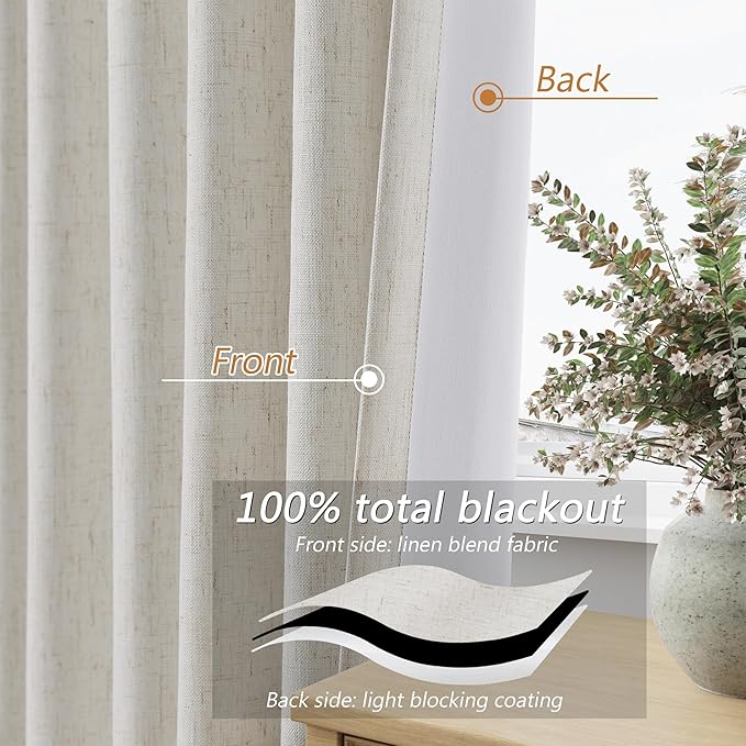 Guken Boho Extra Long 120 Inches 100% Black Out Curtains for Living Room Bedroom Back Tab Sound Proof Heat Blocking Thermal Insulated Linen Drapes Room Darkening Window Curtain