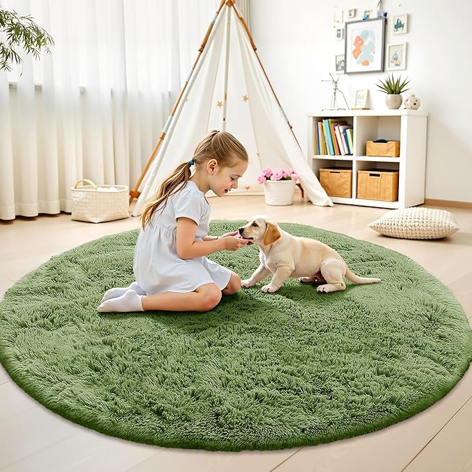 OLANLY Green Round Rugs for Bedroom - Machine Washable, 8 ft Circle Area Rugs for Living Room, Soft and Fluffy Shaggy Carpet for Teen Girl and Boys, Nursery Rooms, Dorms, Home Decor Aesthetic