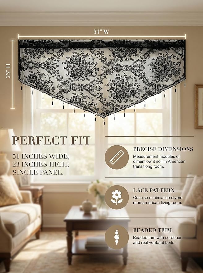 Molaxhome Swag Curtain 51 inch Length Rod Pocket Scalloped Curtain Valance Sheer Lace Panels with Hanging Crystal Beads for Kitchen Bedroom Window Treatments Drape Decor 1pc (Lace Black, 51Wx23L)