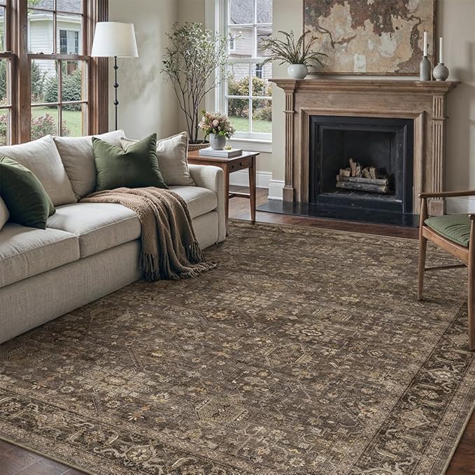 10x14 Washable Area Rug for Living Room Bedroom Vintage Brown Non Slip Carpet Traditional Retro Soft Low Pile Large Throw Rug for Dining Room Kitchen Office Indoor