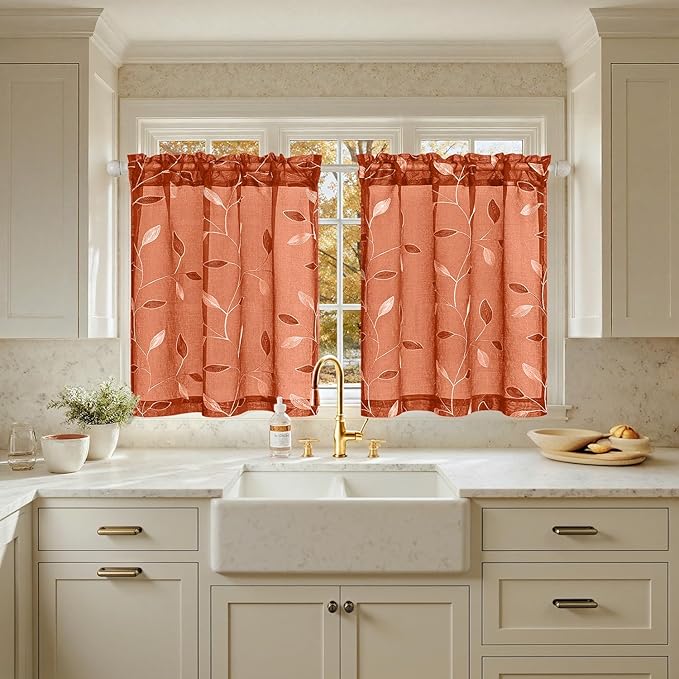 MIULEE Burnt Orange Sheer Curtains 2 Panels Embroidered Leaf Patterned Rod Pocket Floral Semi Faux Linen Short Fall Window Curtains Drapes Set for Kitchen Bathroom Cafe, 30x24 Inches Length