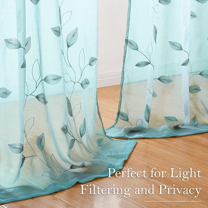 HOMEIDEAS Turquoise Aqua Sheer Curtains 52 X 84 Inches Length 2 Panels Embroidered Leaf Pattern Pocket Faux Linen Floral Teal Voile Window Drapes for Bedroom Living Room