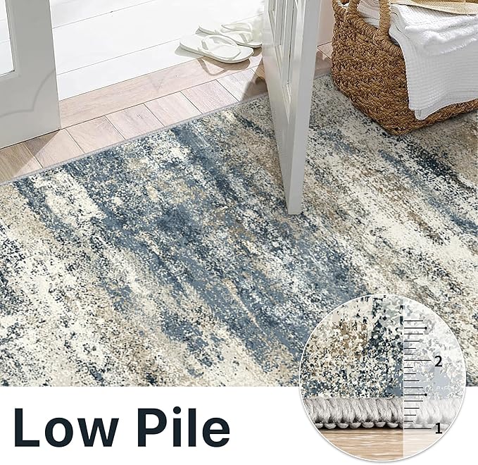 BEIMO Machine Washable Rug 8x10 Area Rugs for Living Room Bedroom, Large Navy Blue Beige Abstract Area Rug Soft Throw Rugs, Low-Pile Floor Carpet with Non Slip Rubber Backing