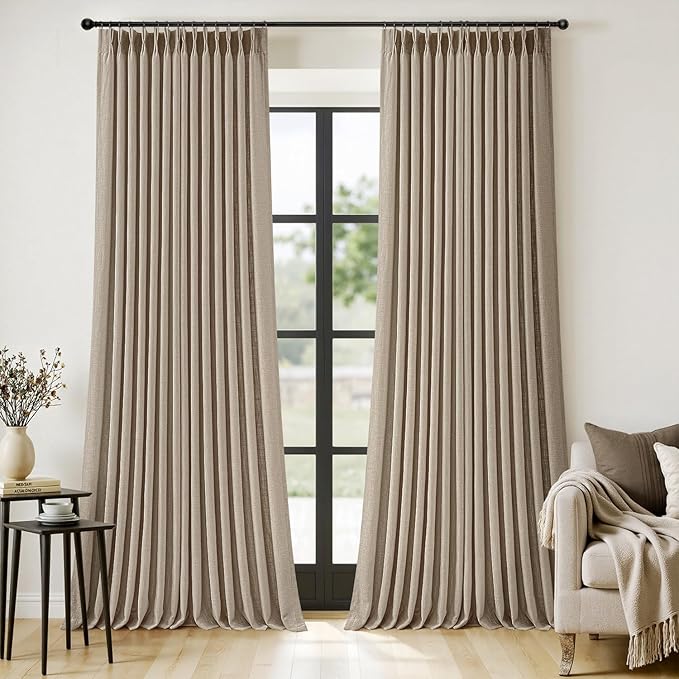 MIULEE Pinch Pleated Thick Linen Curtains 108 Inches Length 2 Panels for Living Room Bedroom, Extra Long Pinch Pleat Drapes Back Tab Light Filtering Grey Beige Foor to Ceiling Curtains with Hooks