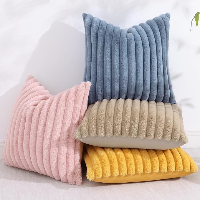 decorUhome Cozy Faux Fur Throw Pillow Covers 20x20 Set of 2 Decorative Soft Plush Striped Modern Farmhouse Boho Couch Pillow Cases with Velvet Back for Sofa Bed Living Room, Grey Blue