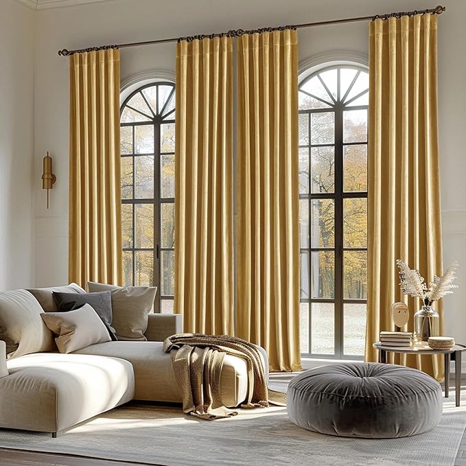 MIULEE Velvet Curtains 108 inches - Luxury Blackout Curtains for Bedroom Living Room Thermal Insulated Super Soft Window Drapes Rod Pocket & Back Tab, Golden, W52 x L108 inches, 2 Panels