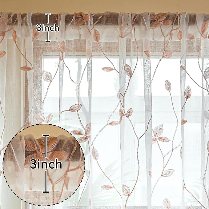 AmHoo 2 Panels Embroidered Leaf Pattern Semi Sheer Curtains Foliage Floral Voile Window Draperies Treatment for Bedroom Living Room Rod Pocket White Pink 53 x 84 Inch