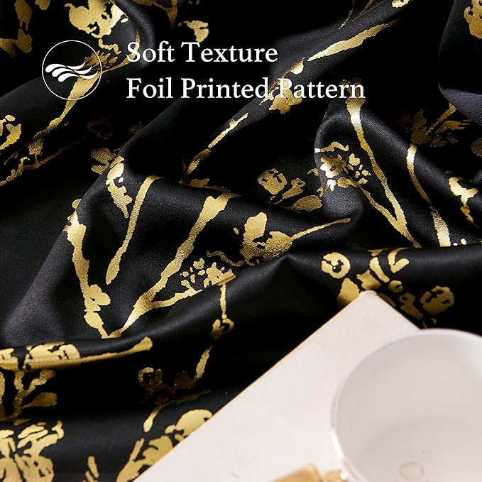 NICETOWN Blackout Kitchen Valances for Windows, Black Floral Scalloped Decor for Living Room Bathroom, Gold Foil Flower Shadow Printed Drapes 18 Inch Length with Rod Pocket, W42×L18, 1 Panel