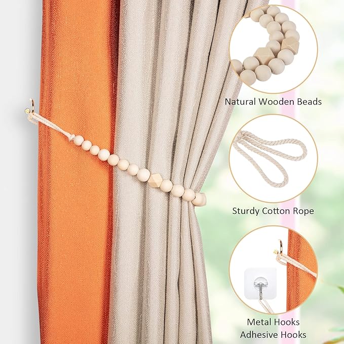Wood Bead Curtain Tiebacks, KLOGTSIND Set of 6 Curtain Holdbacks for Thin or Thick Window Draperies, Boho Farmhouse Curtain Tiebacks with Hooks, Curtain Tie Backs for Home Office Room Decor