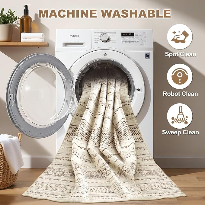 Nakagishi 6x8 Area Rug Living Room: Washable Boho Large Neutral Modern Soft Farmhouse Rugs Stain Resistant Indoor Floor Non-Slip Carpet for Bedroom Nursery Kids Playroom Office Dining Room- Brown