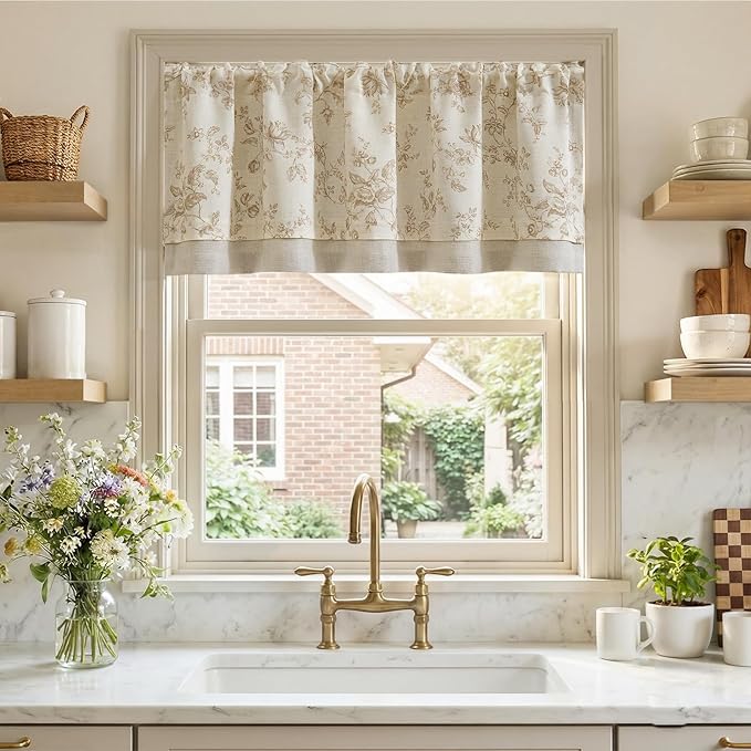 jinchan Amlie Floral Linen Valance Curtain Farmhouse Kitchen Valance for Living Room Laundry Light Filtering Double Layer Cottagecore Window Treatment Rod Pocket 1 Panel 16 Inch Taupe on Linen