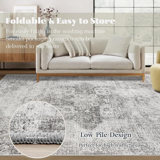 Area Rug 6x9 Washable Rug, Vintage Boho Medallion Rugs Non-Slip Soft Low Pile Large Distressed Rug Indoor Retro Carpet for Living Room Bedroom Dining Room Home Office (Grey, 6'x9')