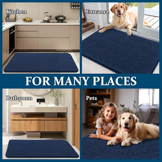 OLANLY Dog Door Mat for Muddy Paws 45x27, Absorbs Moisture and Dirt, Absorbent Non-Slip Washable Doormat, Quick Dry Chenille Mud Mat for Dogs, Entry Indoor Entryway Carpet for Inside Floor, Dark Blue