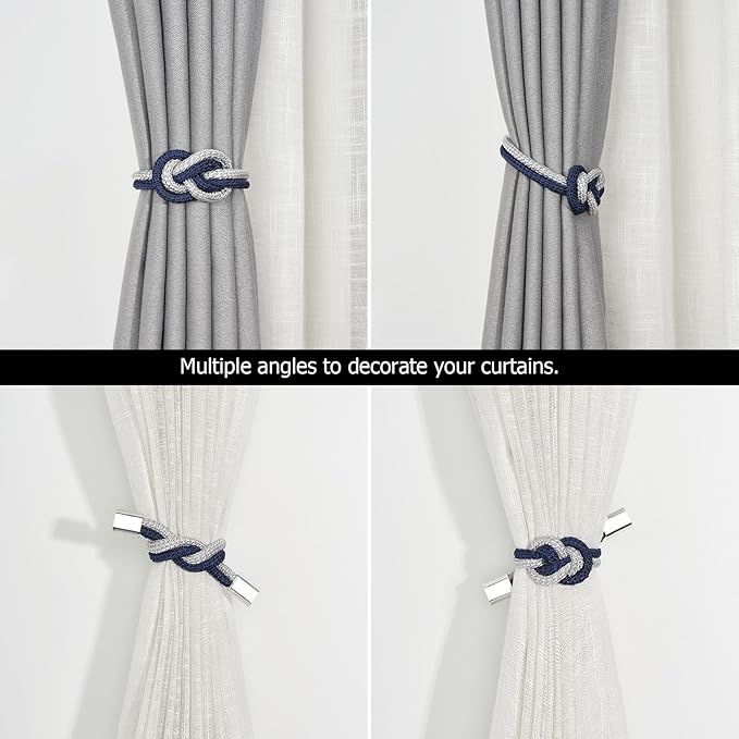NICEEC 2 Pack Mini Magnetic Curtain Tiebacks Nordic Simple Style Drape Tie Backs Elegant Hand Weave Rope Knot Decorative Curtain Holdbacks for Home & Office Thin Window Drapery (Dark Blue & Grey)