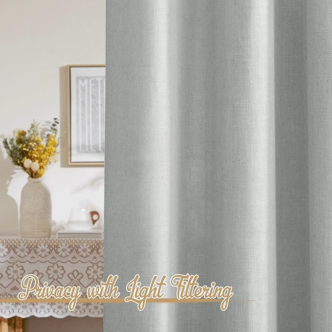 NICETOWN Linen Light Gray Curtains for Living Room, Rod Pocket & Back Tab Top Flax Linen Blend Semi Sheer Eclectic Drapes Privacy with Light Filtering for Kids Room, W52 x L84, 2 Pieces