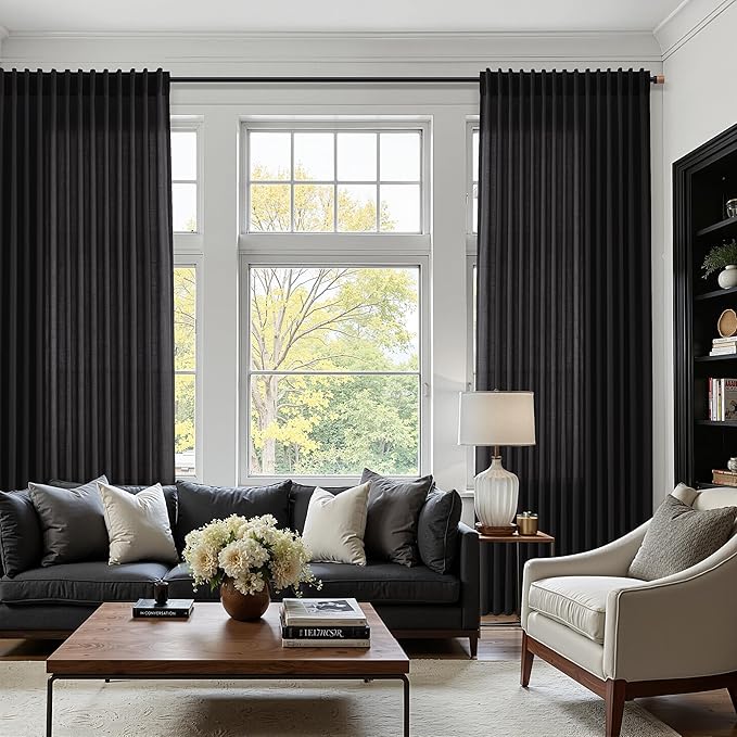 Vintage Black Linen Curtains 108 Inches Long for Living Room Light Filtering Semi Sheer Curtain Back Tab Floor to Ceiling High Window Gothic Vintage Decor Drapes for Bedroom Office 52x108,2 Panels
