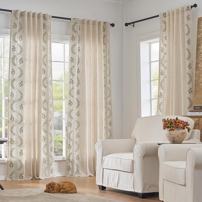 jinchan Belrose Lined Linen Blend Curtains Floral Curtains for Bedroom 63 Inch Length Sage Green Embroidered Drapes Rod Pocket Farmhouse Flower Drapes for Living Room Window Treatments Set 2 Panels