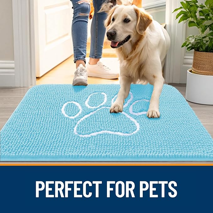 OLANLY Dog Door Mat for Muddy Paws 59x35, Paw Print Design, Absorbs Moisture and Dirt, Absorbent Non-Slip Washable Doormat, Quick Dry Chenille Mud Mat for Dogs, Entry Indoor Entryway Carpet, Blue