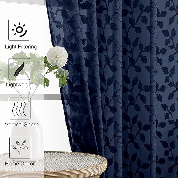 Chyhomenyc Navy Blue Sheer Valances for Windows 14 Inch Length 2 Pcs, Light Filtering Leaf Textured Cafe Short Kitchen Curtains, Top Small Curtain for Living Room Bedroom Basement, 42" W x 14" L