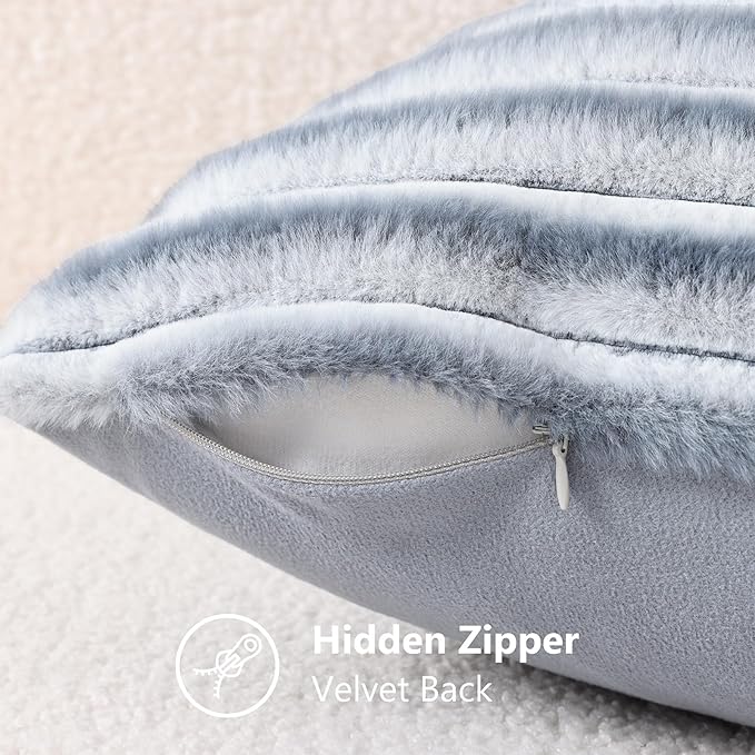 decorUhome Cozy Faux Fur Throw Pillow Covers 16x16 Set of 2 Decorative Soft Plush Striped Modern Farmhouse Boho Couch Pillow Cases with Velvet Back for Sofa Bed Living Room, Grey White