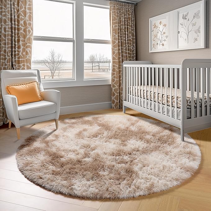 ONASAR Round Rugs 6ft for Living Room Bedroom, Tie-Dye Beige Fluffy Circle Area Rug for Kids Girls Boys Teen, Soft Plush Shaggy Carpet for Nursery Dorm Classroom Playroom Home Decor Aesthetic