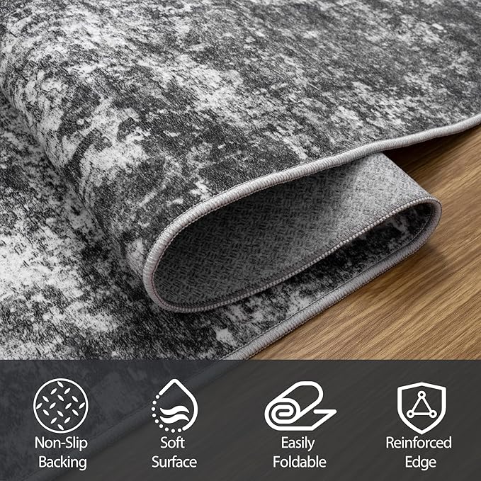 Round Rug 8ft Circle Rug Washable: Carpet Circular Area Rug for Entryway Kitchen Bedroom Dining Room Living Room Large 8 Feet Abstract College Dorm Non Slip Low Pile Black Grey