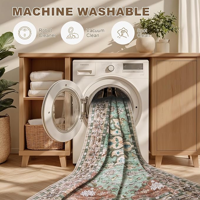 Area Rugs 9x12 Living Room Rug: Washable Rug Soft Vintage Distressed Floral Carpet Indoor Non-Slip Stain Resistant Large Carpets for Bedroom Dining Room Farmhouse Nursery Home Office Brown Green