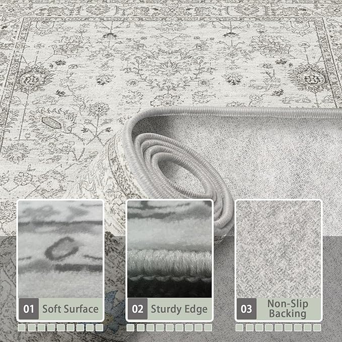 Floral Washable 6x9 Area Rugs, Soft Grey White Bedroom Rug for Living Room Ultra-Thin Non Slip Dining Room Rug, Stain Resistant Rugs Easy Clean Throw Carpet for Office(6 x 9, Grey White)