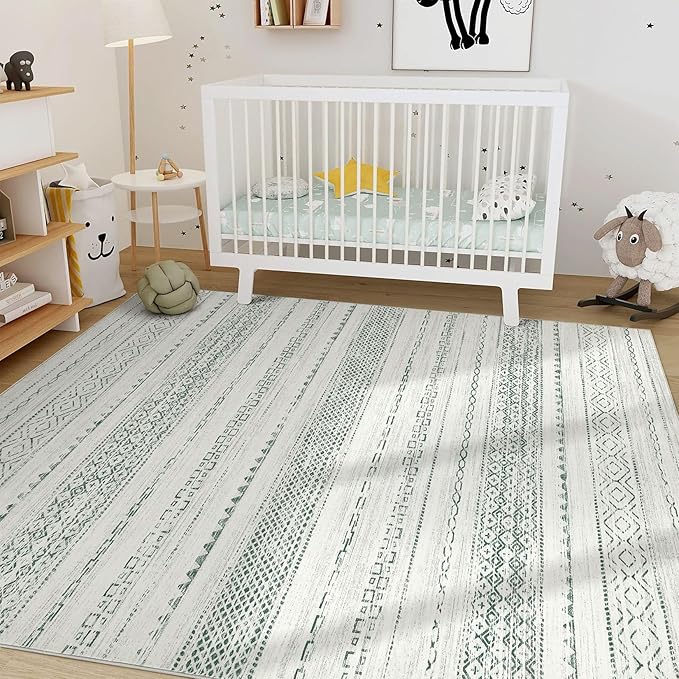 Nakagishi Green Rug Living Room 6x9: Washable Boho Large Neutral Farmhouse Soft Area Rugs Modern Stain Resistant Moroccan Indoor Non-Slip Floor Carpet for Bedroom Nursery Playroom Office Dining Room