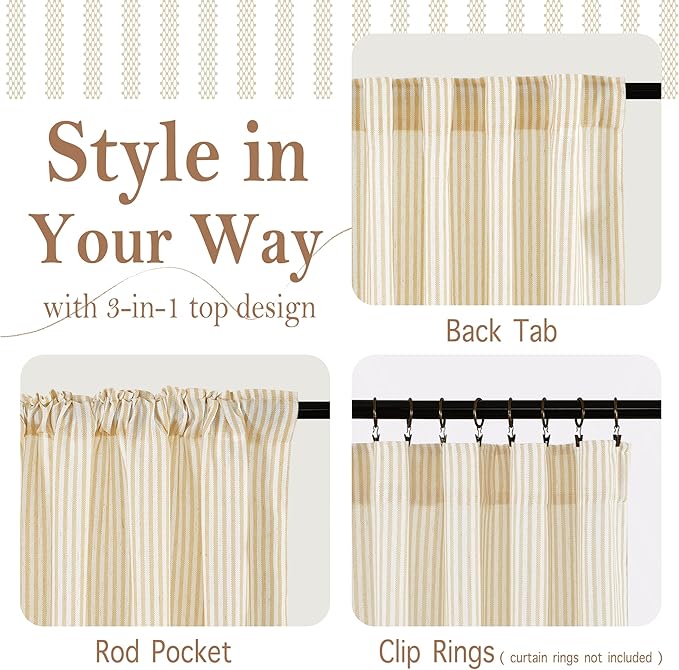 RYB HOME Kitchen Striped Curtains for Cafe Bathroom Small Window, Linen Pinstripe Drapes Valance 36 inch Length for Living Room Short Tier Boho Rustic Farmhouse, Yellow, W26 x L36, 2 Panels