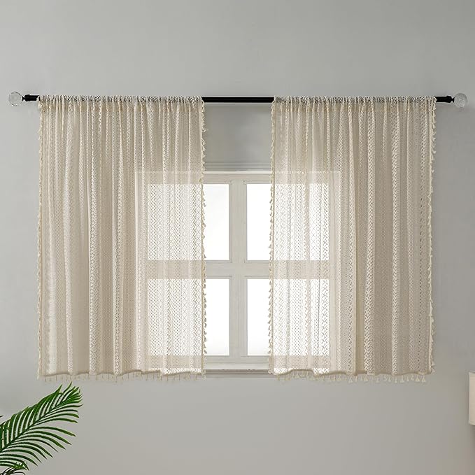 WAZZIO Boho Lace Curtains 45 Inches 2 Panel,Light Filtering Privacy Tassel & Geometry Crochet Semi Sheer Curtain Drapes for Bedroom Living Dining Room,Rod Pocket & Tassel,Vintage French Country,Beige