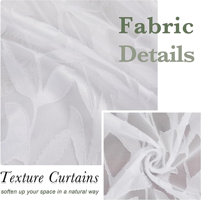Lecloud Leia White Sheer Kitchen Curtains 36 Inch Length 2 Pcs, Jacquard Leaf Textured Voile Short Curtains with Dual Rod Pocket, Farmhouse Bedroom Living Room Tiers, Each Panel 28" W x 36" L