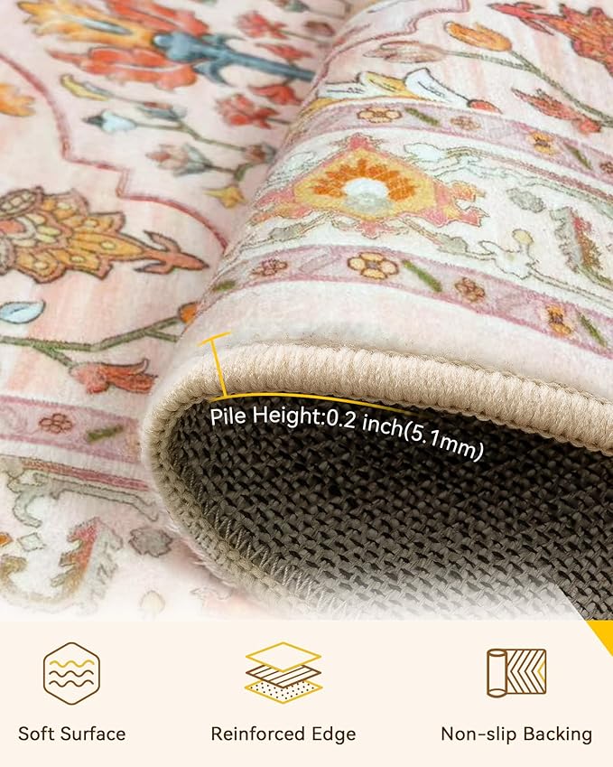 RELEANY Area Rugs 3'x4' Washable Non-Slip, Floral Vintage Distress Print Pattern Medallion Carpet for Living Room Bedroom Dining Room, Light Pink Colorful