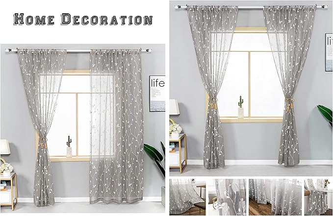 AmHoo 2 Panels Embroidered Leaf Pattern Semi Sheer Curtains Foliage Floral Voile Window Draperies Treatment for Bedroom Living Room Rod Pocket Light Gray 53 x 84 Inch