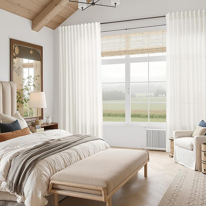 Nanspring Neutral Linen Curtains 63 Inch Length for Living Room Light Filtering Semi Sheer Curtain Coastal Modern Farmhouse Decor Drapes for Bedroom Back Tab and Rod Pocket 52x63, 2 Panels