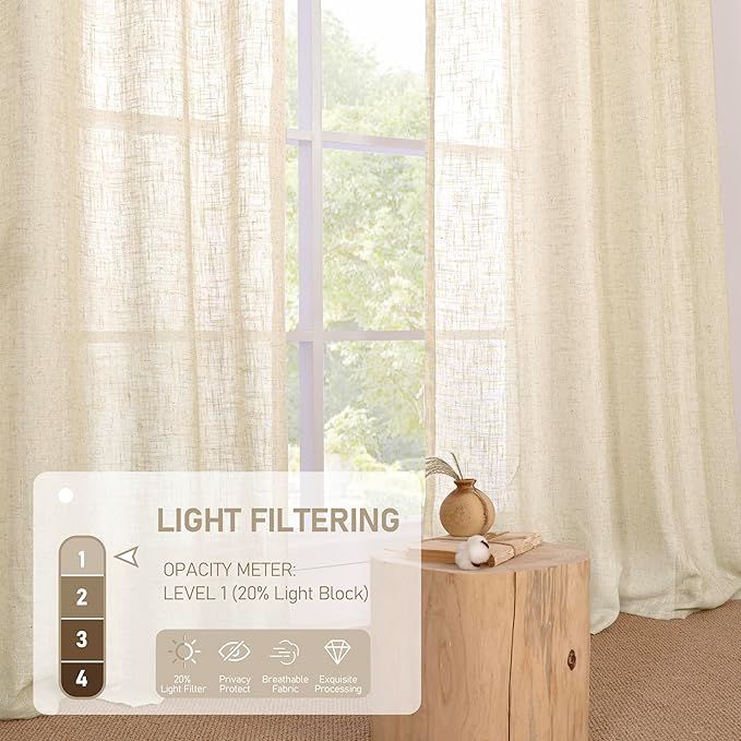LAMIT Beige Linen Curtains 63 inches Length for Bedroom, Soft Thick Semi Sheer Light Filtering Bronze Grommet Window Treatments Decorative Drapes for Kitchen, 2 Panels Set, 34 x 63 Inch