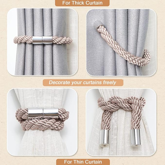 NICEEC 2 Pack Strong Magnetic Curtain Tiebacks Modern Simple Style Drape Tie Backs Convenient Decorative Weave Rope Curtain Holdbacks for Thin or Thick Home & Office Window Draperies (Grey Coffee)