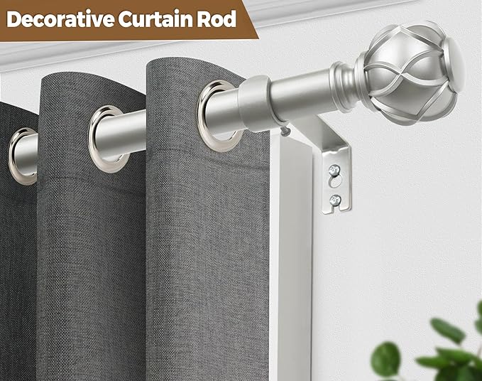 KAMANINA Curtain Rods for Windows 48 to 84 Inch, Antique Silver Heavy Duty Curtain Rod Adjustable, 7/8 Inch Single Decorative Drapery Rod 32 to 86 Inch(2.6-7.1Ft), Netted Texture End