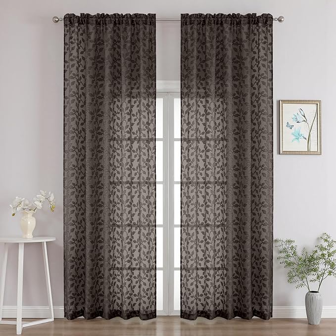 Chyhomenyc Chocolate Sheer Curtains 96 Inch Length 2 Panels Set, Light Filtering Tufted Textured Soft Airy Rod Pocket Gentle Leaf Window Treatment Drapes for Bedroom Living Room, 52" Wx96 L, 2PCS