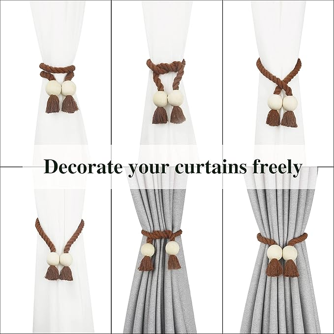 6 Pack Magnetic Curtain Tiebacks Cotton Hand Woven Tie Back Decorative Rope Holdbacks for Curtains Draperies No Tools Required, Khaki