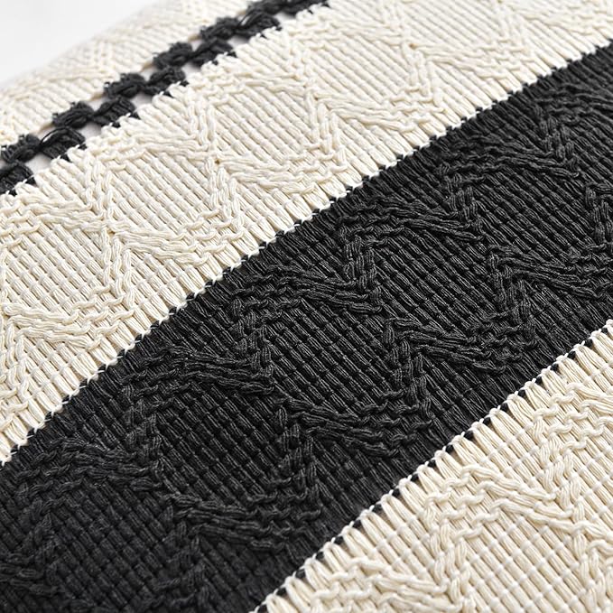 Fancy Homi Set of 1 Boho Black Long Lumbar Decorative Throw Pillow Cover 12x24 Inch for Couch Bed Sofa Chair, Modern Organic Farmhouse Home Decor, Soft Cotton Cute Accent Rectangle Cushion Case
