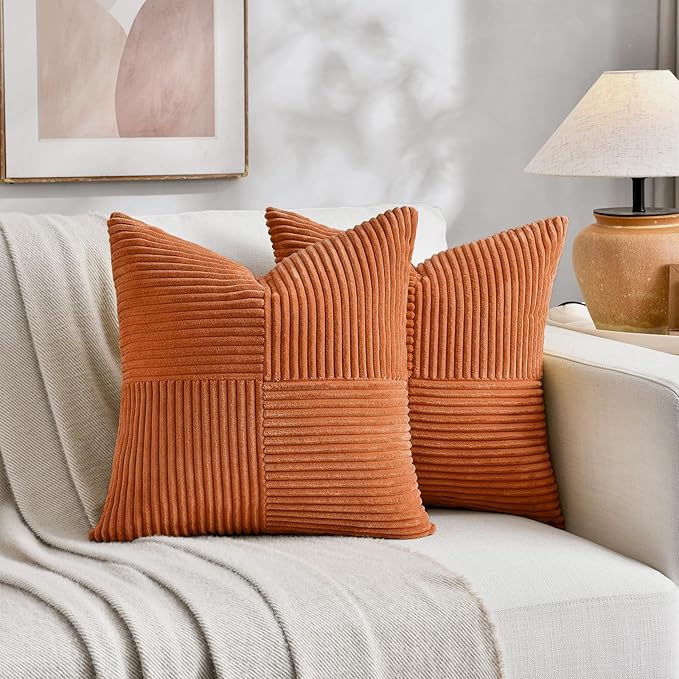 Fancy Homi 2 Packs Burnt Orange Decorative Throw Pillow Covers 18x18 Inch for Living Room Couch Bed Sofa, Farmhouse Boho Home Decor, Soft Corss Corduroy Patchwork Textured Accent Cushion Case 45x45 cm