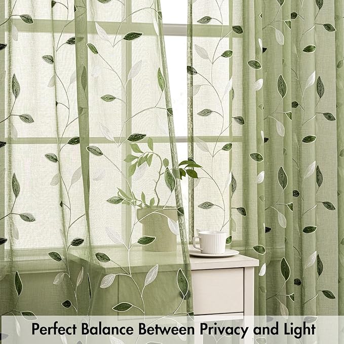 MIULEE Sage Green Sheer Curtains 2 Panels Embroidered Leaf Patterned Rod Pocket Floral Semi Sheer Faux Linen Short Window Curtains Drapes Set for Kitchen Bathroom Cafe, 30x30 Inches Length