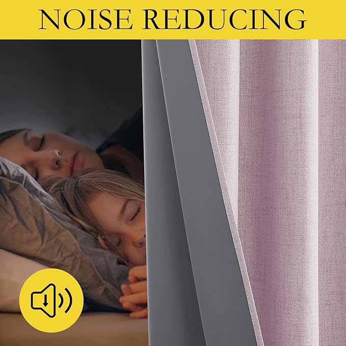 NICETOWN Pink Vintage Linen 100% Blackout Curtains for Living Room, Thermal Insulated Curtains 95" Long, Noise Reducing Window Treatment Drapes for Bedroom, 52" Wide Per Panel, Set of 2