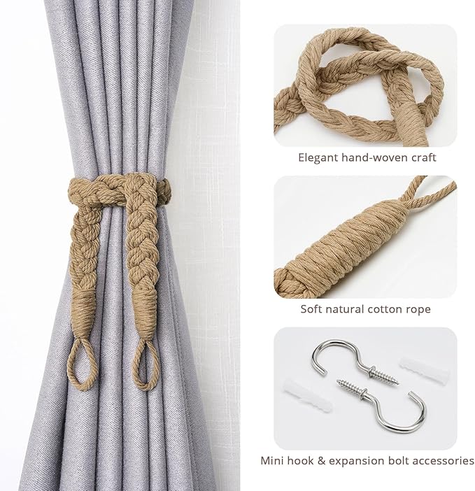 NICEEC 4 Pack Natural Cotton Rope Curtain Tiebacks Elegant Boho Style Decorative Drape Tie Backs Soft Hand-Woven Rope Curtain Holdbacks with Metal Hook for Home & Office Drapery (Khaki)