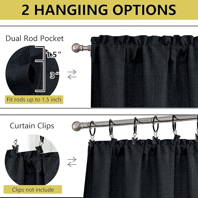 Valances for Windows, Light Filtering Faux Linen Textured Small Short Window Curtain for Bathroom Basement Farmhouse, Rod Pocket Top Half Curtains for Windows, Black 52Wx14L Inch