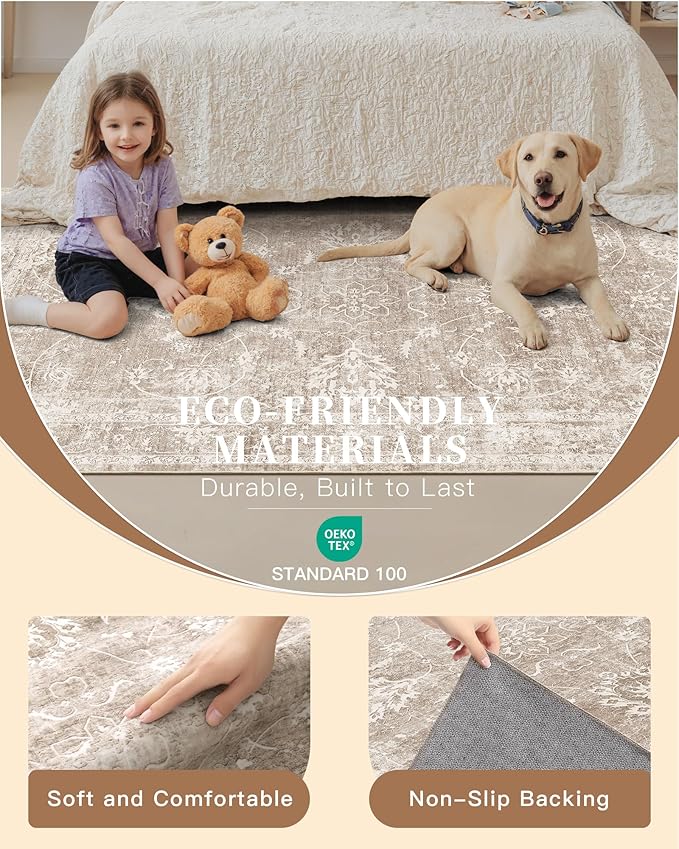 Madane Runner Rug 2x8 for Hallway, Kitchen Non-Slip Runner Rug with Rubber Backing, Vintage Soft Low Pile Throw Neutral Carpet Runner for Laundry Room Entryway Bathroom Bedroom (2 x 8, Brown/Sand)