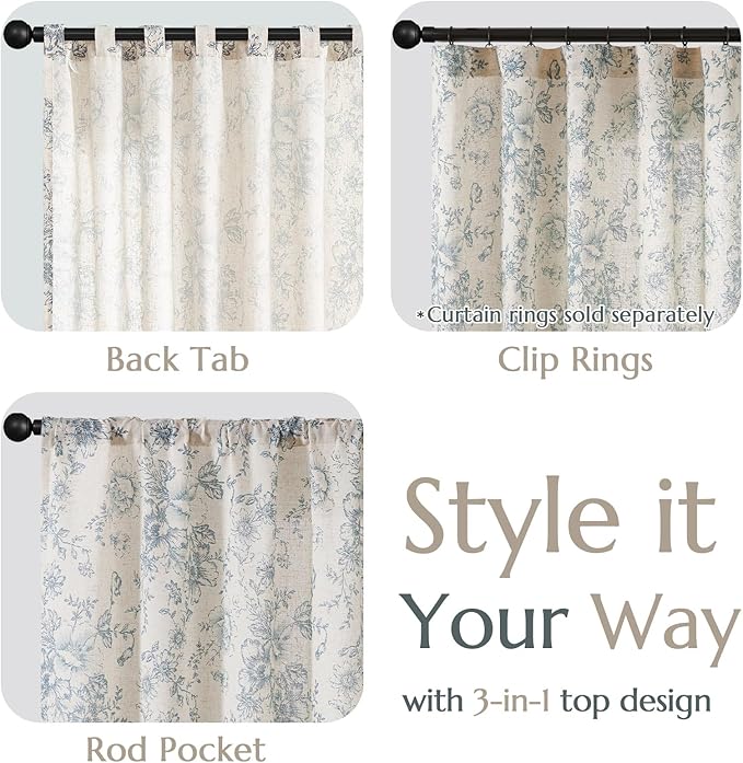 jinchan Linen Blend Curtain Floral Curtains for Living Room 96 Inch Length Blue Printed Curtain Rod Pocket Back Tab Farmhouse Peony Flower Patterned Drapes Bedroom Window Curtains Set 2 Panels