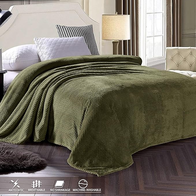 Exclusivo Mezcla Fleece Bed Blanket King Size, Super Soft and Warm Blankets for Couch, Sofa and Bed Waffle Textured, Cozy, Fuzzy and Lightweight (Olive Green, 90x104 Inches)